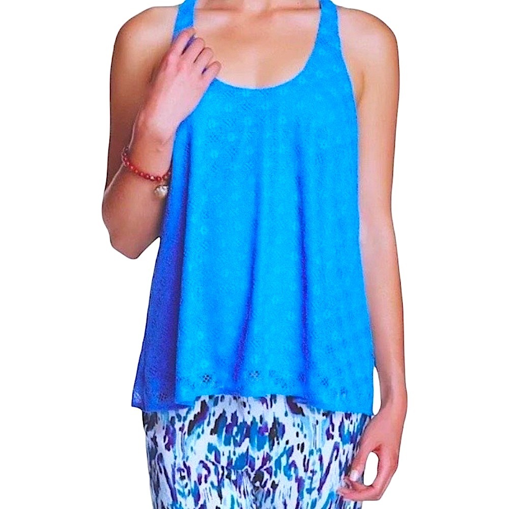 $152 Tori Richard Tank Small Blue Crochet Overlay Racerback Scoop Neck Lined NWT